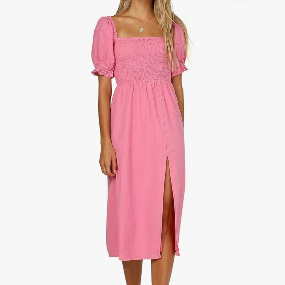 Women Cotton Plaid Puff Sleeves Causal Off-Shoulder Boho Side Slit Midi Dress